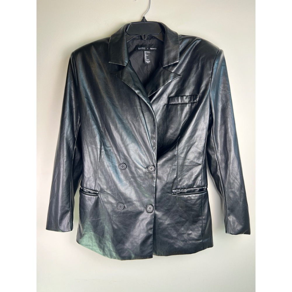 Barneys New York Forever 21 Colab Black Faux Leather Double Breasted Blazer Sz S